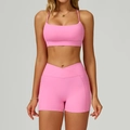 Ensemble de yoga rose avec short taille croisée et brassière de sport en tissu extensible - Rose Bonbon (Soutien-gorge + Short)