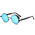 Retro steampunk round sunglasses with blue mirrored lenses and black metal frames - Black Frame Blue Reflective C27