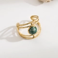 Golden multi-layer stainless steel ring with green marble stone and hammered texture - R01038-Gold Green Marble Texture