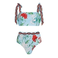 Detailed flat lay of blue floral two-piece swimsuit with high-waisted bottoms and tie straps - S / Tie Bikini Only