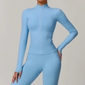 Slim fit light blue seamless yoga jacket with high neck zipper and thumbhole sleeves - Sky Blue