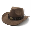 Brown western cowboy hat with suede texture and vintage metal sunflower buckle decoration - M (56-59cm) / Brown