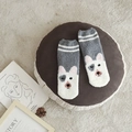 Thick grey and white coral fleece crew socks with cute cartoon dog face patterns - One Size / Gray