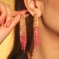 Elegant long tassel earrings with sparkling rhinestones in gold and pink gradient finish - 3D Style / Gold Pink Gradient