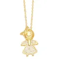 Cute golden cartoon girl pendant necklace with sparkling crystals on white background - Bow Girl / Gold