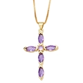Detailed view of a gold cross pendant necklace set with vibrant purple marquise crystals - Purple