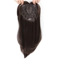 Dark brown long straight hair topper showing lace base and metal clips detail - Calico