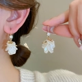 French vintage style earrings with layered white petals and gold floral accents - 47# White Layered Petals Transparent Diamond (HE15735)