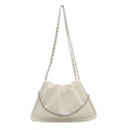 White pleated cloud bag in soft faux leather with metallic silver chain shoulder strap - White