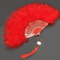 Elegant red lace and feather folding fan with decorative handle and matching tassel - Lace Feather Fan Red