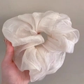 Elegant oversized white organza scrunchie with shiny silk finish and pleats - Beige