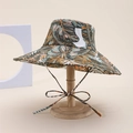 Cappello da sole a tesa larga con stampa a foglie tropicali e laccetto sottogola - Stile Foglia / Giallo