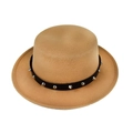 Classic camel flat top wool fedora hat with black punk style studded leather band decoration - M (56-58cm) / Camel