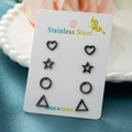 Set of 4 pairs black stainless steel geometric earrings featuring heart, star, and round shapes - Geometric Combination Set / Black