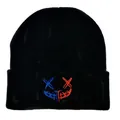 Black knit beanie with red and blue embroidery smiley face pattern for men and women - One Size / Black