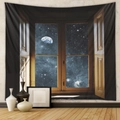 Detail of bohemian tapestry featuring a space view through a wooden window frame - 73X95CM / Brushed Fabric / GT318-18/Space Window
