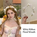 Girl's white floral wreath headband with lace ribbons for weddings and ceremonies - White Ribbon Floral Wreath