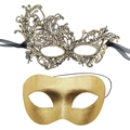Halloween masquerade party set featuring two gold lace and matte finish half-face masks - Gold Set (PVC Zorro + Phoenix Lace)