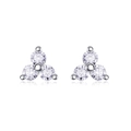 Close-up of sterling silver stud earrings with three round-cut clear gemstones in a floral design - E13859-Three-Stone Triangle with GRA Certificate