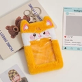 Plush animal photo card holder in bright yellow with soft embroidery and silver keyring - Yellow Fox