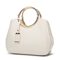 Fashionable cream patent leather handbag with round metal handles and crossbody strap - White