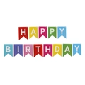 Flat lay of colorful HAPPY BIRTHDAY paper bunting banner with gold foil letters for party decor - Multicolor Birthday Banner White Letters
