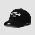 Detail shot of 3D white BOSTON embroidery on black twill cotton baseball cap for kids - 50cm (Recommended 1-3 Years) / Black
