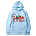 Sky blue Christmas hoodie with 'Tis the Season' print and festive holiday graphics - Light Blue