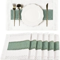 Sets de table tissés nordiques à rayures blanc et vert sauge avec bords à franges - Rayé Blanc Vert