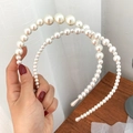 Three-piece handmade pearl headbands with glossy cream pearls on elegant alloy bases - Style K Mixed Pearl Headband Two Styles