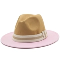 Tweekleurige wollen fedora hoed in kaki en lichtroze met gestreepte decoratieve lintband - M (56-58cm) / Kaki Kroon met Roze Rand (06)