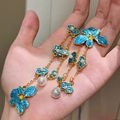 2508096 Blue Flower Pearl Tassel Asymmetrical Earrings (s925 Silver Needle)