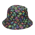 Detail shot of colorful mushroom digital print on black cotton bucket hat fabric - Gradient Rainbow Mushroom (H)