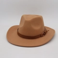 Classic light camel wool felt fedora hat with brown leather band and metal buckle - One Size / Camel (Yellow Cord Decor)