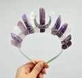 Handmade headband with natural purple crystals, clear quartz, and silver moon crown - Amethyst + Clear Quartz