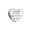 Detail of silver heart charm with I Love You TO THE MOON & Back engraving and stars - I Love You TO THE MOON & Back