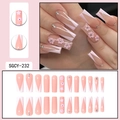 Pink and white V-cut French press-on nails with 3D flowers and gemstones in trapezoid shape - SGCY-232 Pink White French 3D Flower Rhinestone Style