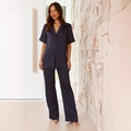 Conjunto de pijama azul oscuro para mujer con top de manga corta y pantalón largo - S / Púrpura profundo