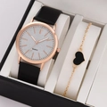 Fashionable gold quartz watch with black leather strap and heart pendant bracelet set - Black (Single Watch)