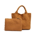 Set tote in pelle intrecciata giallo senape con borsa a mano grande e pochette abbinata - Marrone