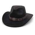 Détail du chapeau de cowboy en feutre noir avec bande marron et badge métallique en étoile - M (56-58cm) / Noir