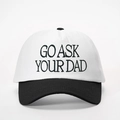 Detailed close-up of GO ASK YOUR DAD embroidery on a two-tone cotton baseball cap - White and Black Splicing