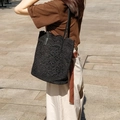 Black lace tote bag for women, large capacity shoulder handbag, stylish casual shopper bag. - Black