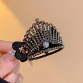 Pince à cheveux couronne noire élégante avec strass en cristal et perle centrale - Petite Couronne / Métal canon