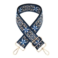 Close-up of thick jacquard woven bag strap with blue ethnic patterns and gold hardware - Gold Clasp / Royal Blue White Floral