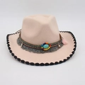 Chapeau fedora rose clair en feutre avec ruban perlé ethnique et détail pompon - Taille unique / Beige Bord Noir