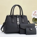 Three-piece set of cordyceps pattern leather tote bags with elegant silver hardware - Three-Piece Set / Black