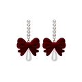 Burgundy velvet bow earrings with teardrop pearls and cubic zirconia pendants - E4710-5 Water Drop Pearl Chain Bow Style