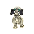 Spilla a forma di cane vintage in metallo dorato con smalto nero e occhi in gemma verde - Cane Vintage
