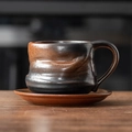 Japanese style retro brown ceramic coffee cup and saucer set with handmade texture - 201-g Large-bellied Cup + Saucer 250ml / Universal